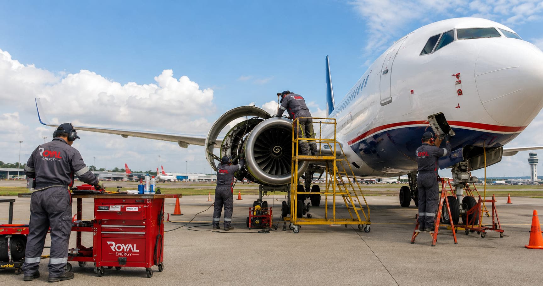 Royal Energy technicians working on an aircraft engine on the ramp