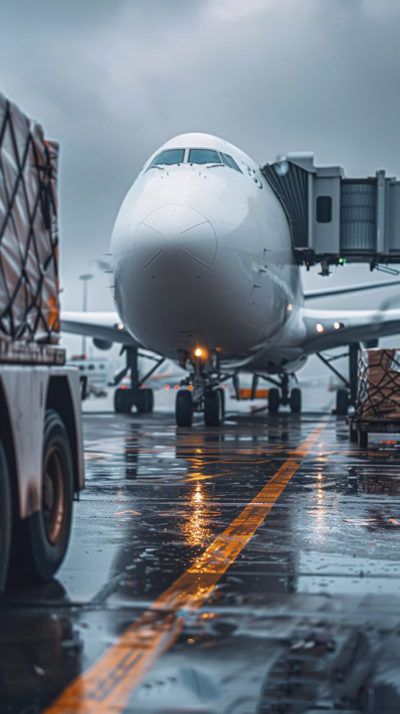 Aircraft on the ramp next to ground support equipment, on a wet runway