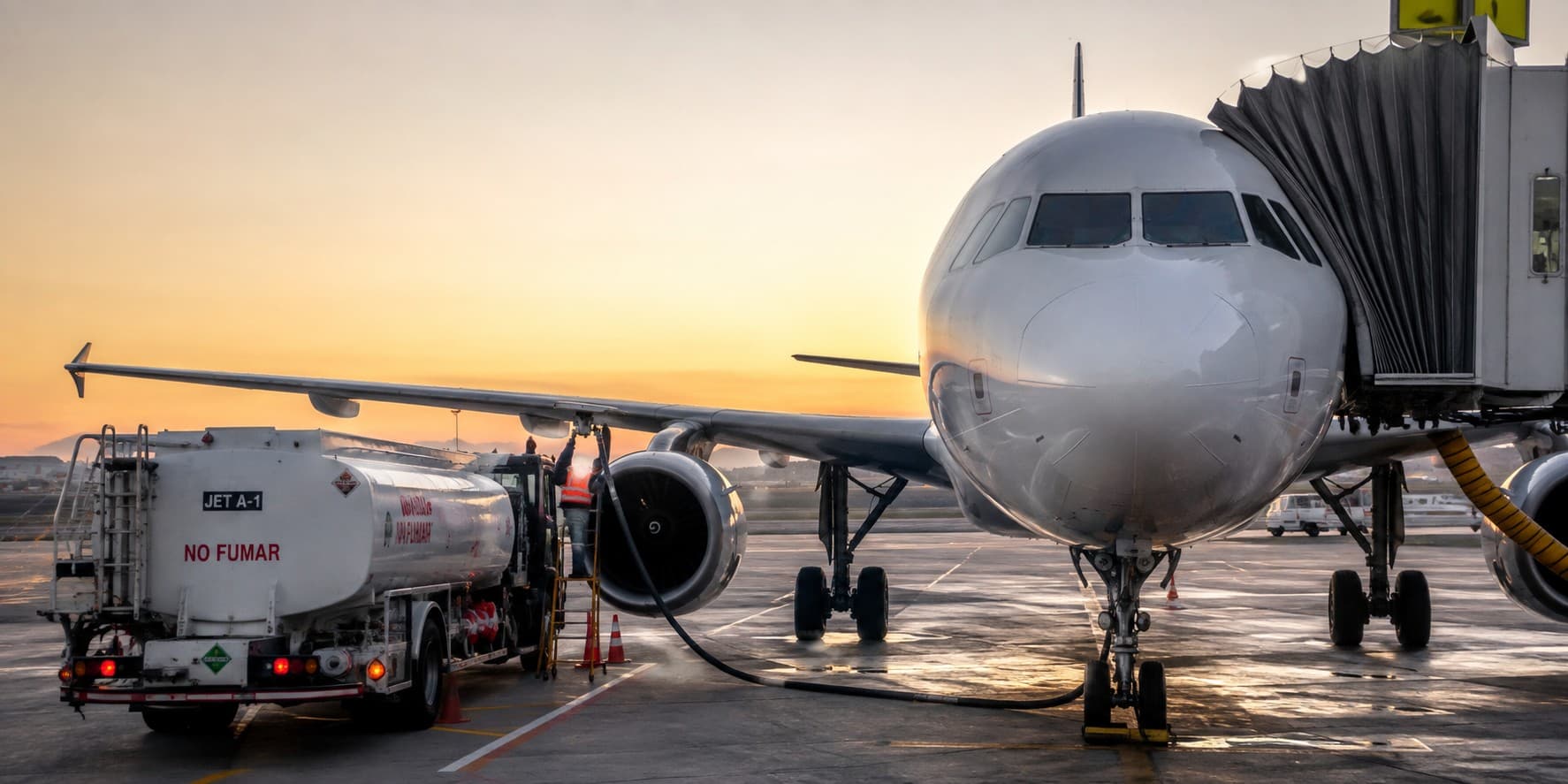 A JET A-1 fuel truck refueling an aircraft on the ramp at dusk