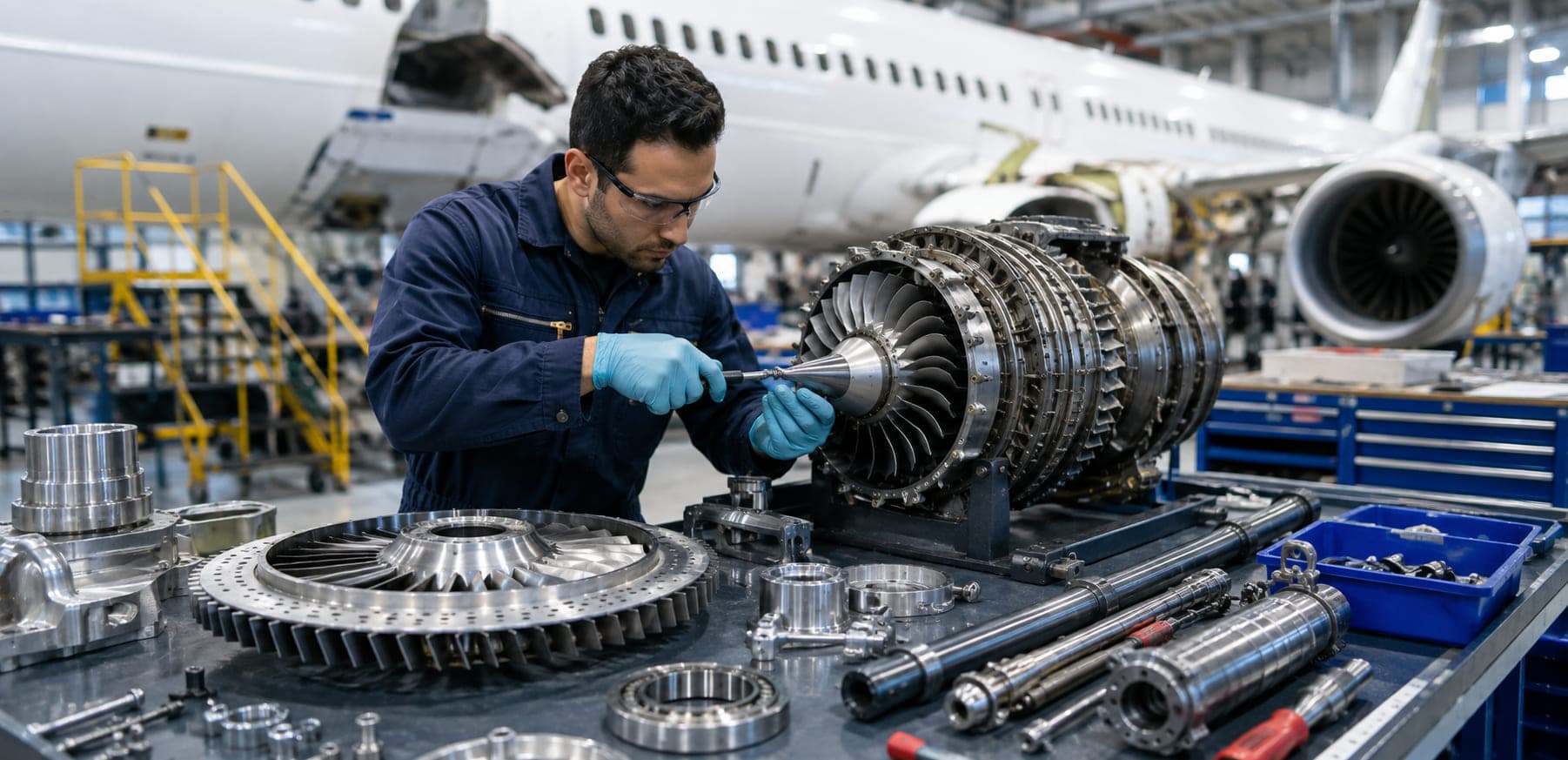 Técnico de Royal Energy revisando componentes de un módulo de turbina en hangar