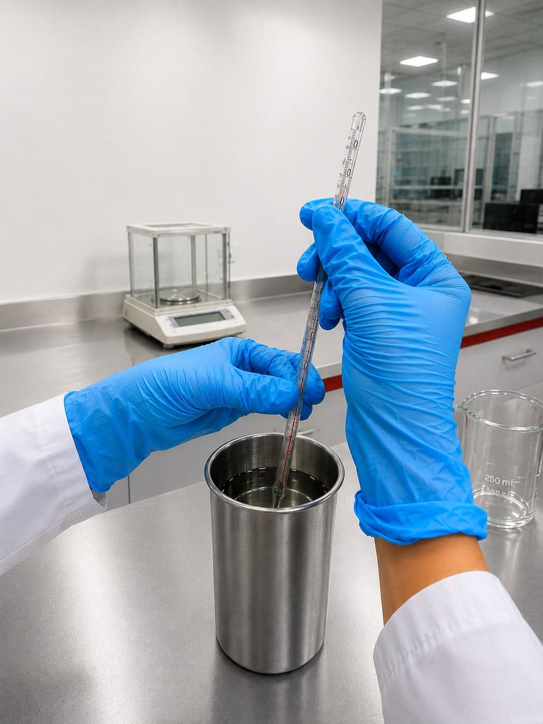 Analistas de Royal Energy midiendo la temperatura de una muestra de combustible en el laboratorio propio, junto a la balanza analítica