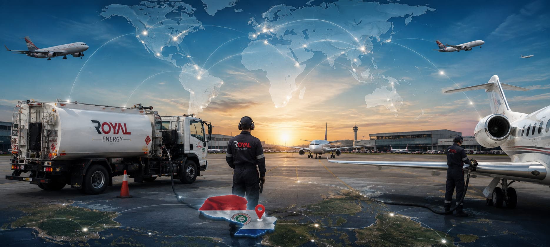 Royal Energy operation on the ramp at dusk, with the international route network over the world map