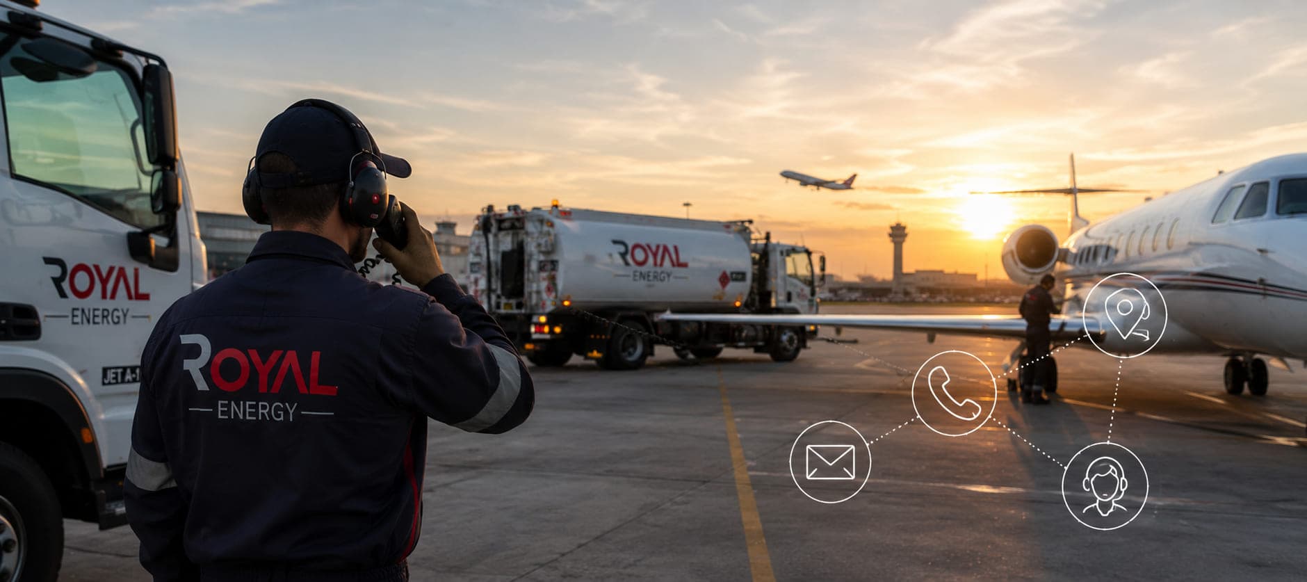 A Royal Energy operator on the radio on the ramp, next to the fuel trucks