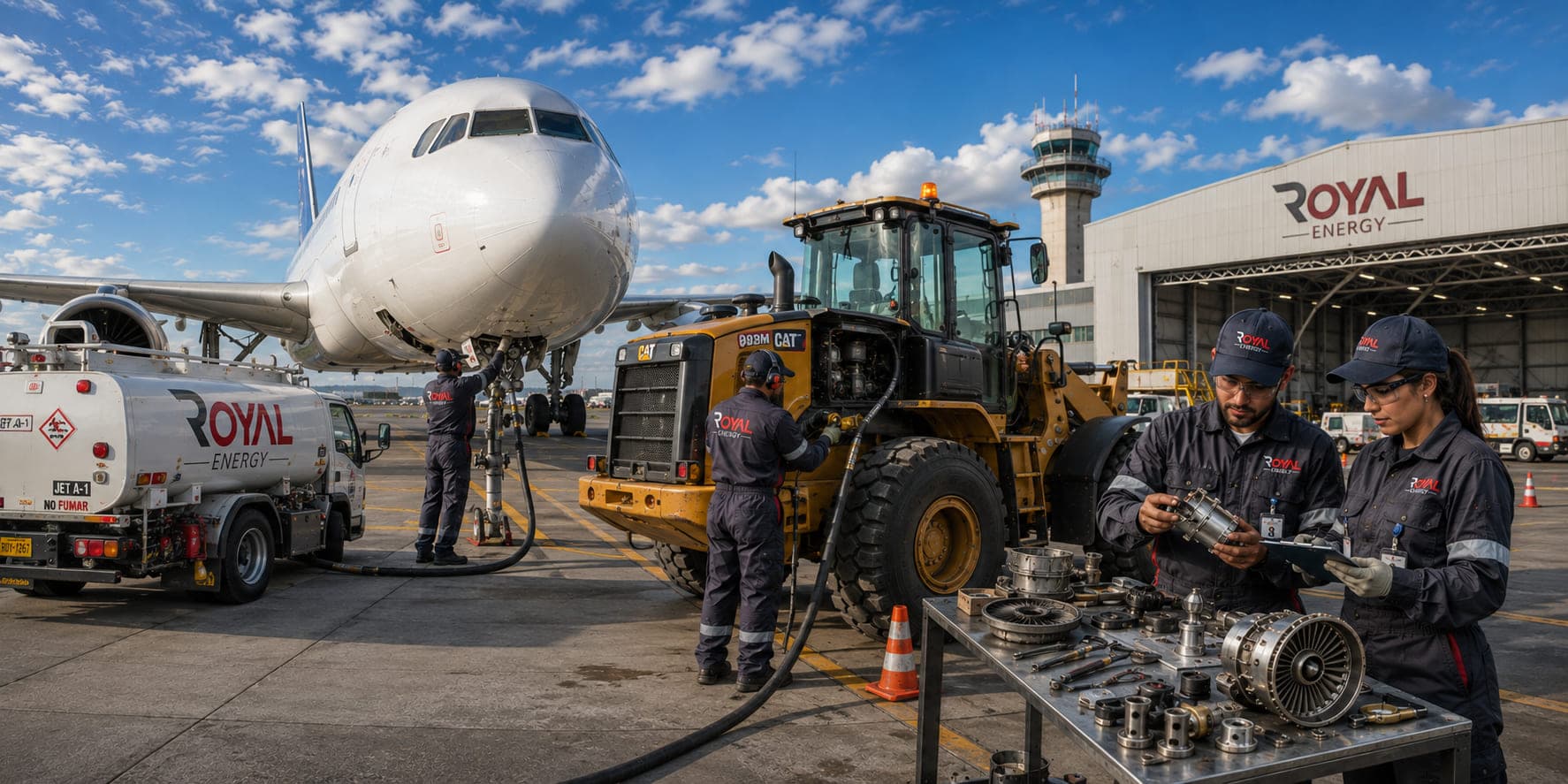 Royal Energy operations: a JET A-1 fuel truck refueling an aircraft, machinery loading, and component inspection in front of the hangar
