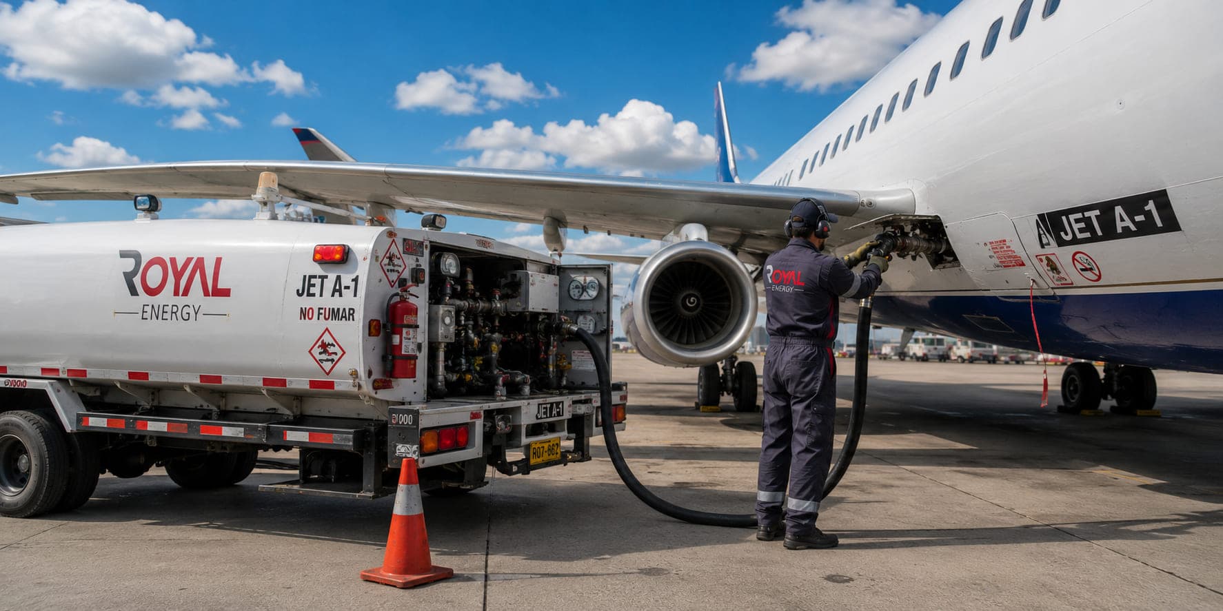 Operario de Royal Energy conectando la manguera de JET A-1 al ala de una aeronave, junto al camión abastecedor