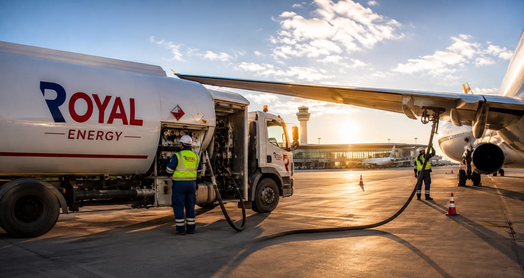 Royal Energy crew refueling an aircraft from a fuel truck on the ramp, at dusk